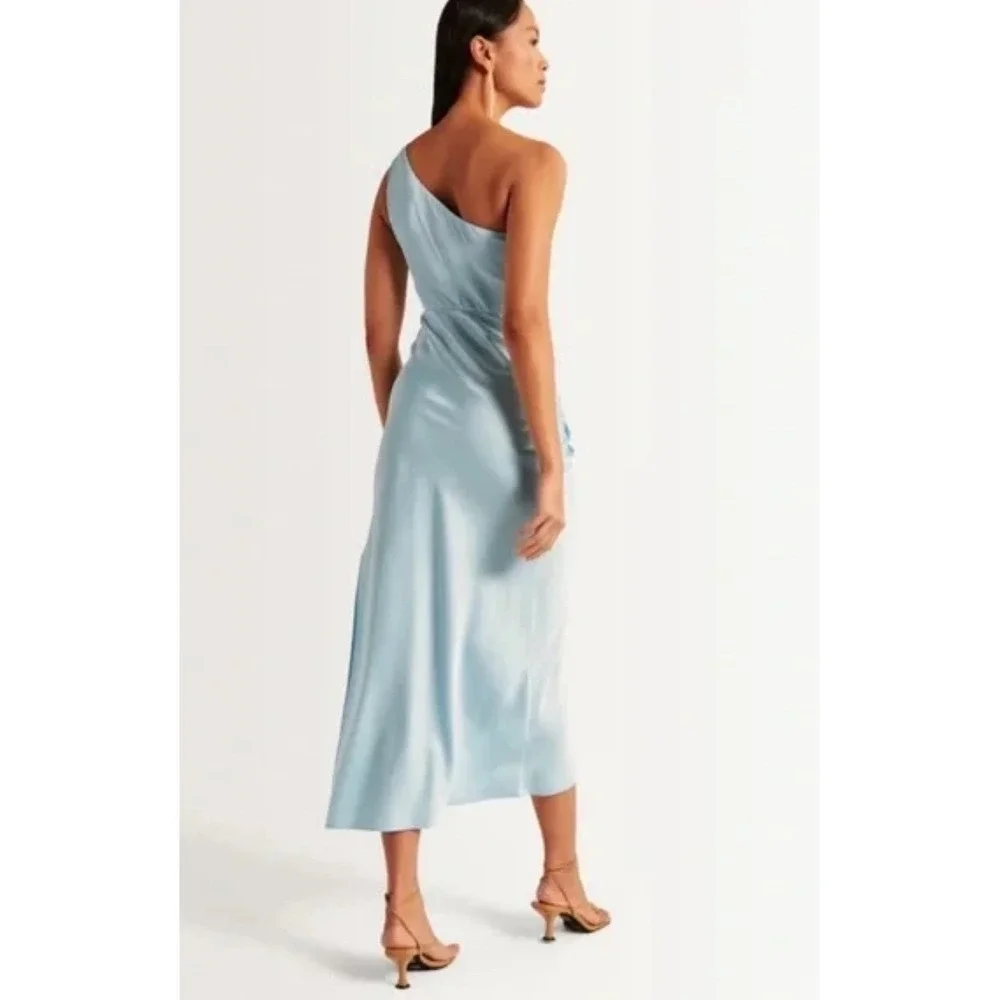 Abercrombie & Fitch One Shoulder Maxi Dress Women LT‎ Light Blue NEW Satin Twist